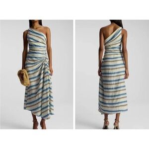 A.L.C. Carolyn Dress Isla Stripe One-Shoulder Linen Ruched Midi Dress